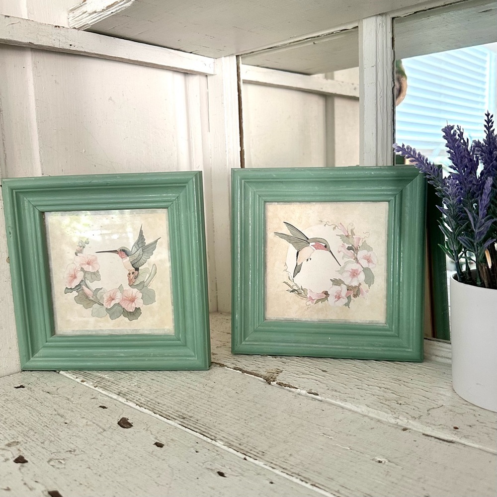 Pair Hummingbird Floral Watercolor Style Vintage Prints Seafoam Framed Wall Art
